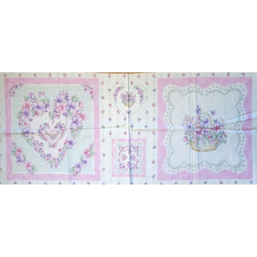 Violets Pillow Panels Cotton Fabric Floral Flowers Bows Basket Make 4 Pillows